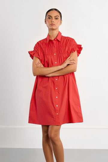 Lili Sidonio Red Smocked Shirt Dress