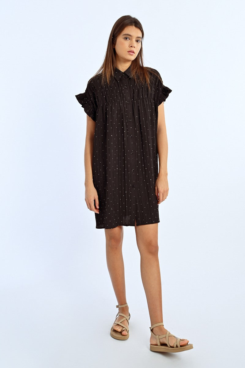 Lili Sidonio Ruffle Shoulder Sequin Dotted Black Dress