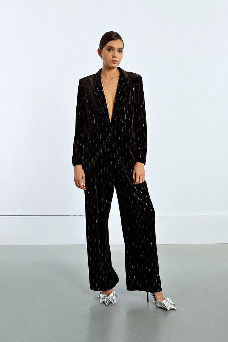 Lili Sidonio Straight Velvet &amp; Rhinestone Black Blazer