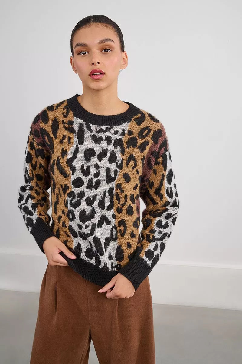 Lili Sidonio Striped &amp; Knitted Leopard Sweater
