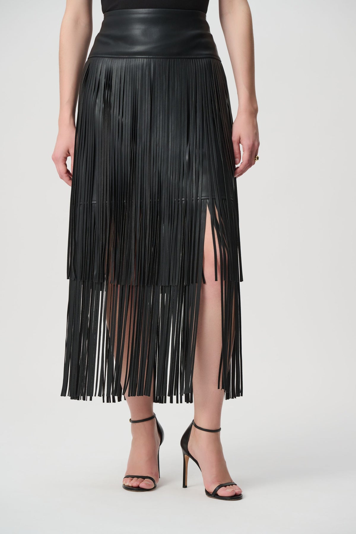 Joseph Ribkoff Icon Elizabeth Hurley Edit 57  Black Faux Leather Fringed Skirt