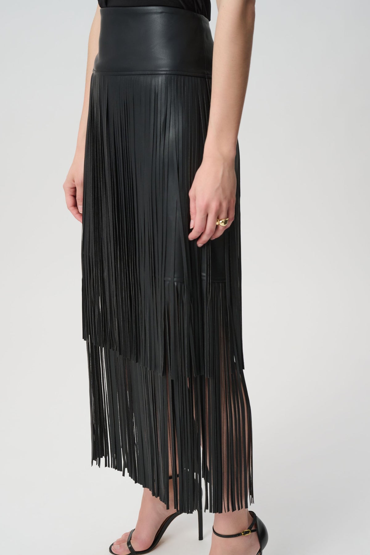 Joseph Ribkoff Icon Elizabeth Hurley Edit 57  Black Faux Leather Fringed Skirt