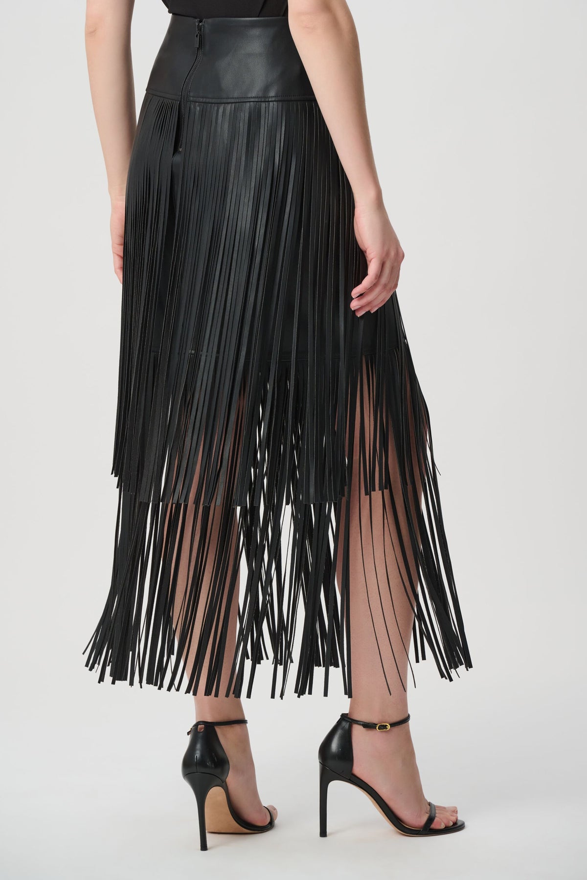 Joseph Ribkoff Icon Elizabeth Hurley Edit 57  Black Faux Leather Fringed Skirt