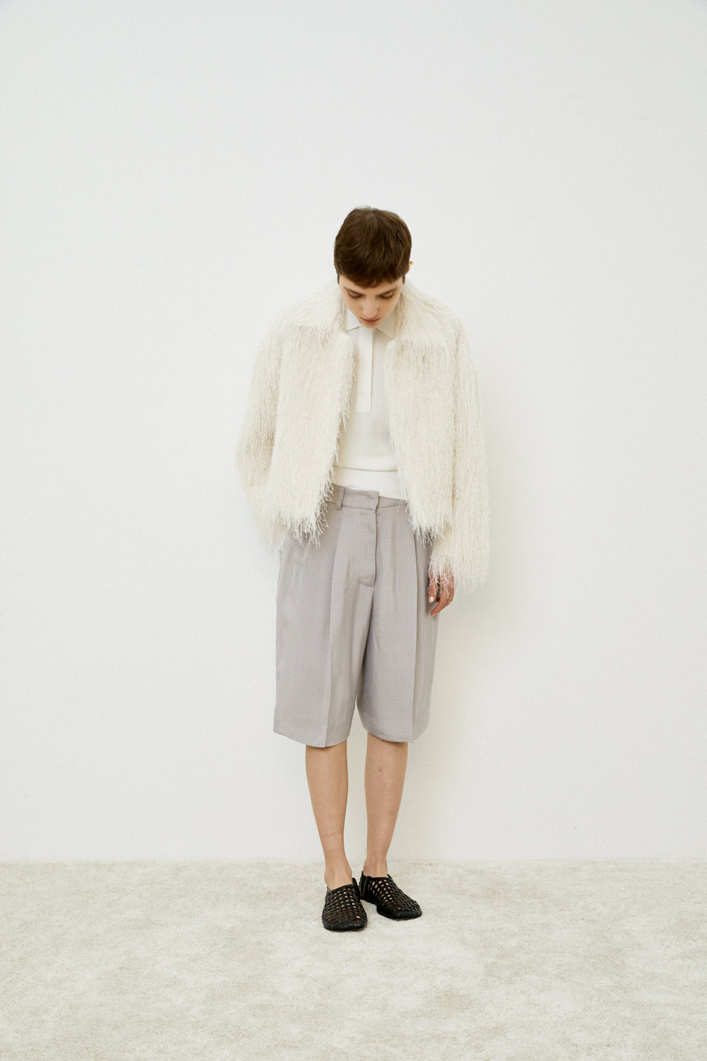 MeiMeiJ Off White Voluminous Fringed Blazer Style Coat