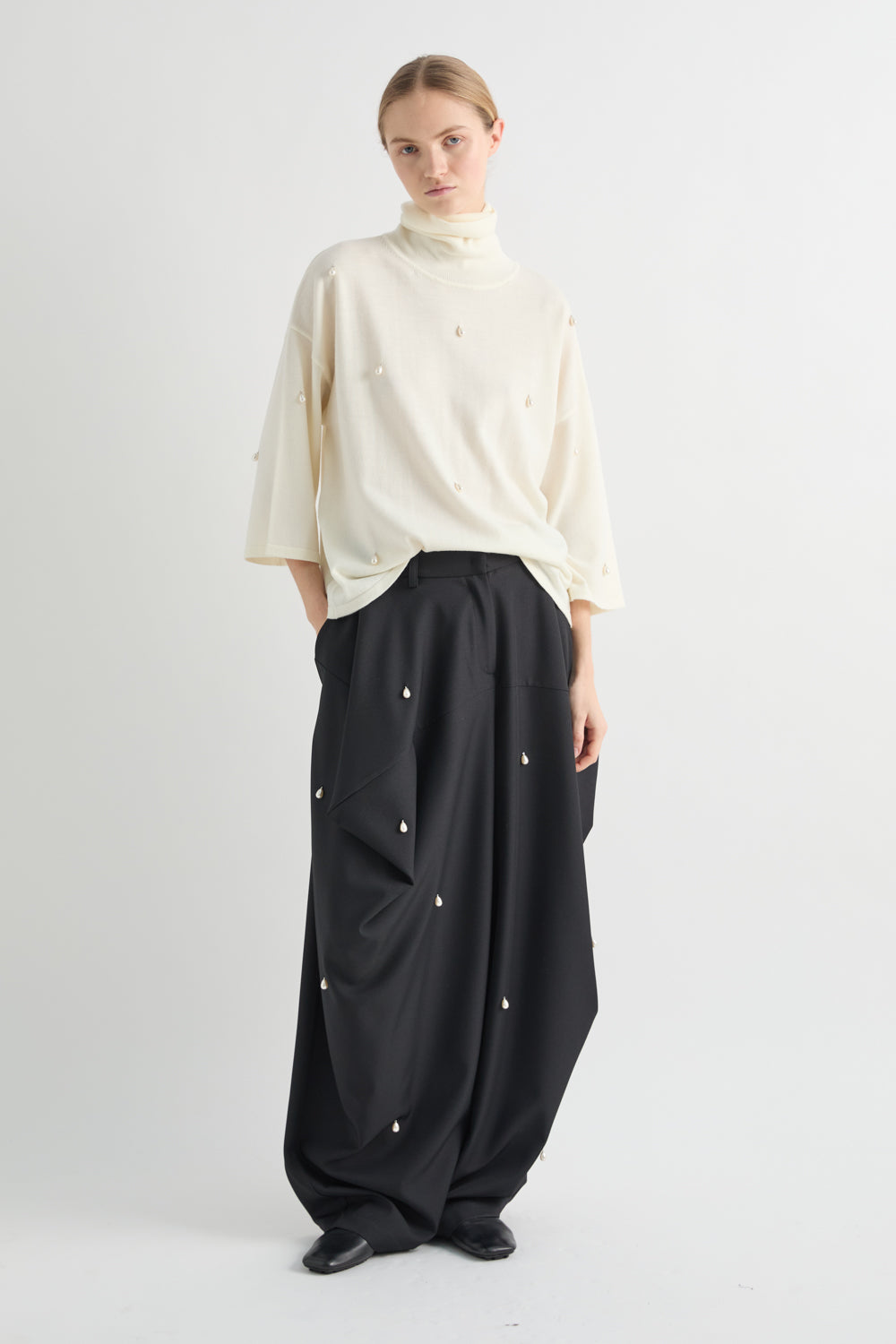 MeiMeiJ Pearl Nero Embellished Sculptural Trousers