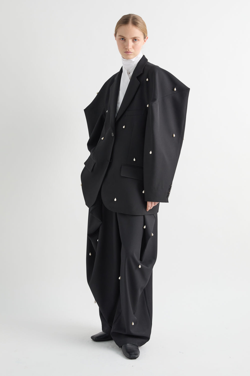 MeiMeiJ Black Oversized Embellished Jacket With Pearls