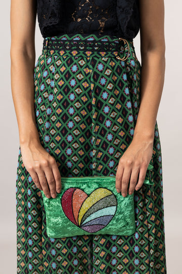 Emily Lovelock Heart Jelly Bean Green Viscose Velvet Pochette