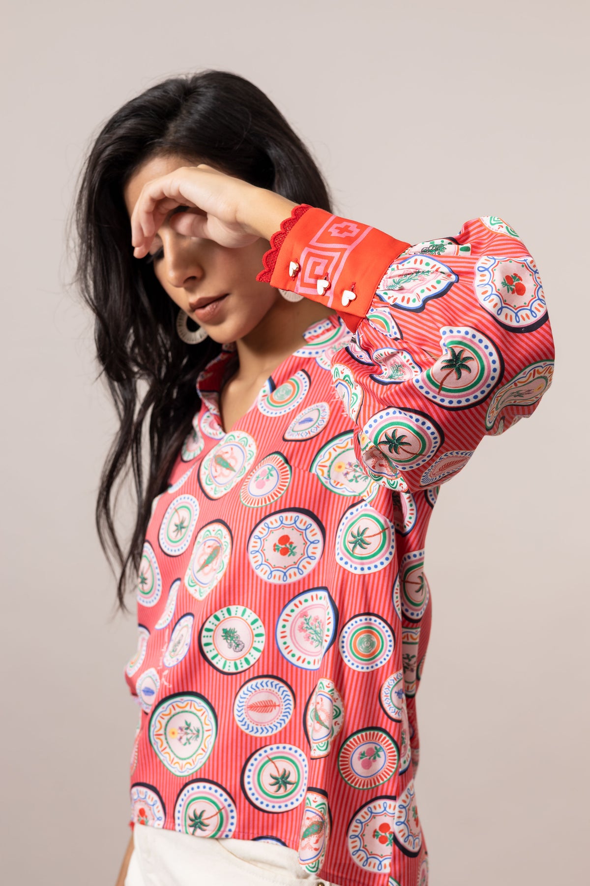 Emily Lovelock Flame Scarlett Red Hailey Print Blouse