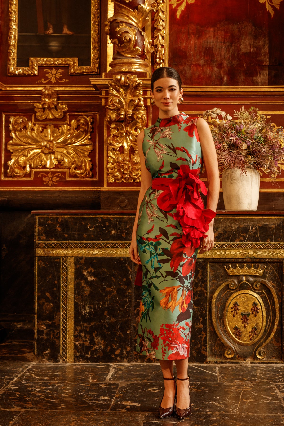 Matilde Cano Mikado Verde Dress With Detachable Belt