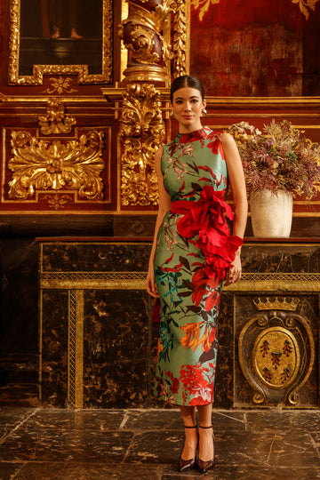 Matilde Cano Mikado Verde Dress With Detachable Belt