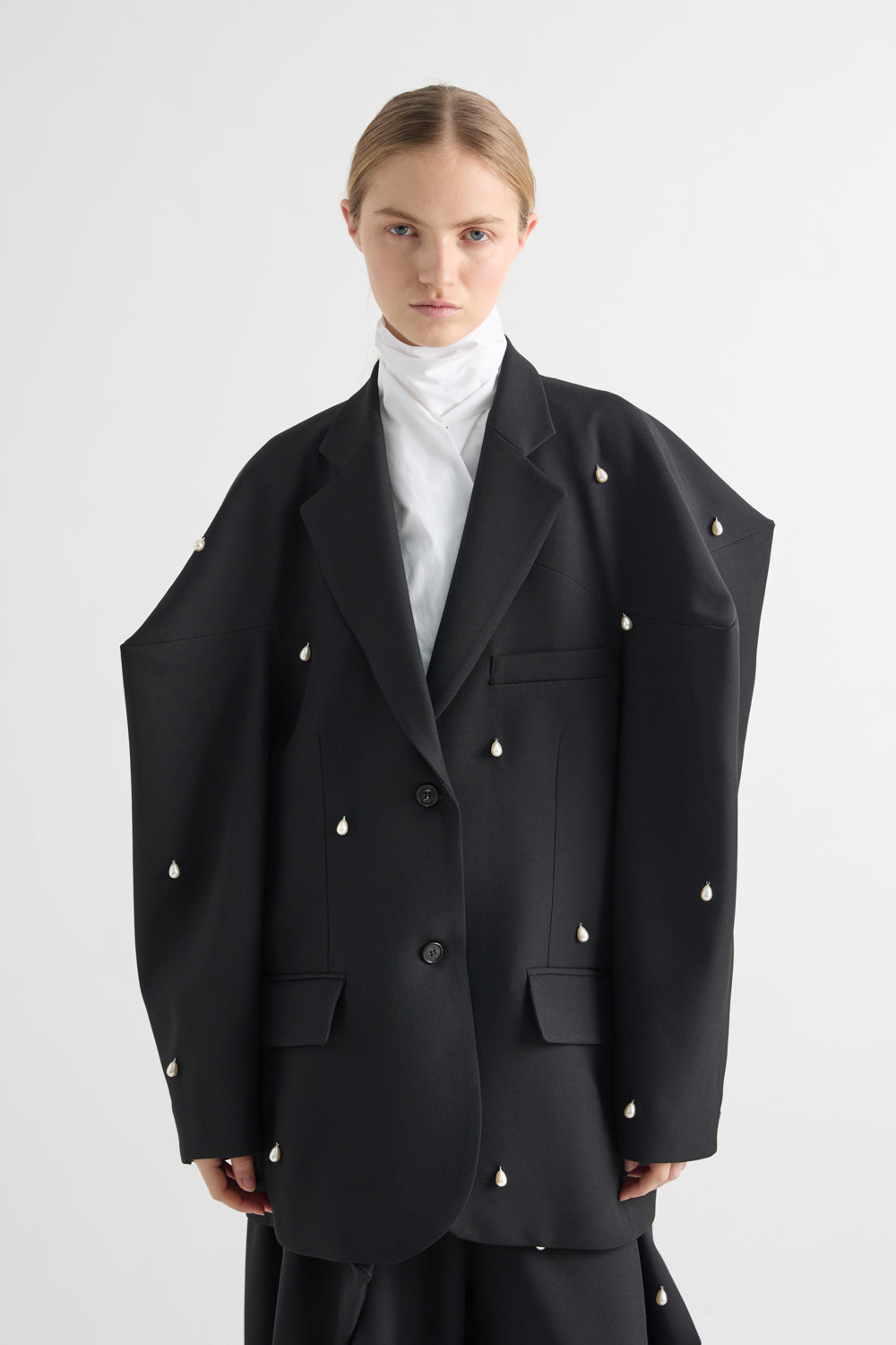 MeiMeiJ Black Oversized Embellished Jacket With Pearls