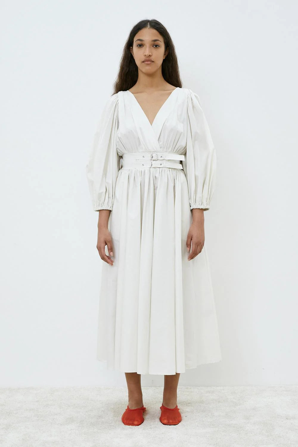 MeiMeiJ Doube Belted V Neck Vanilla Dress