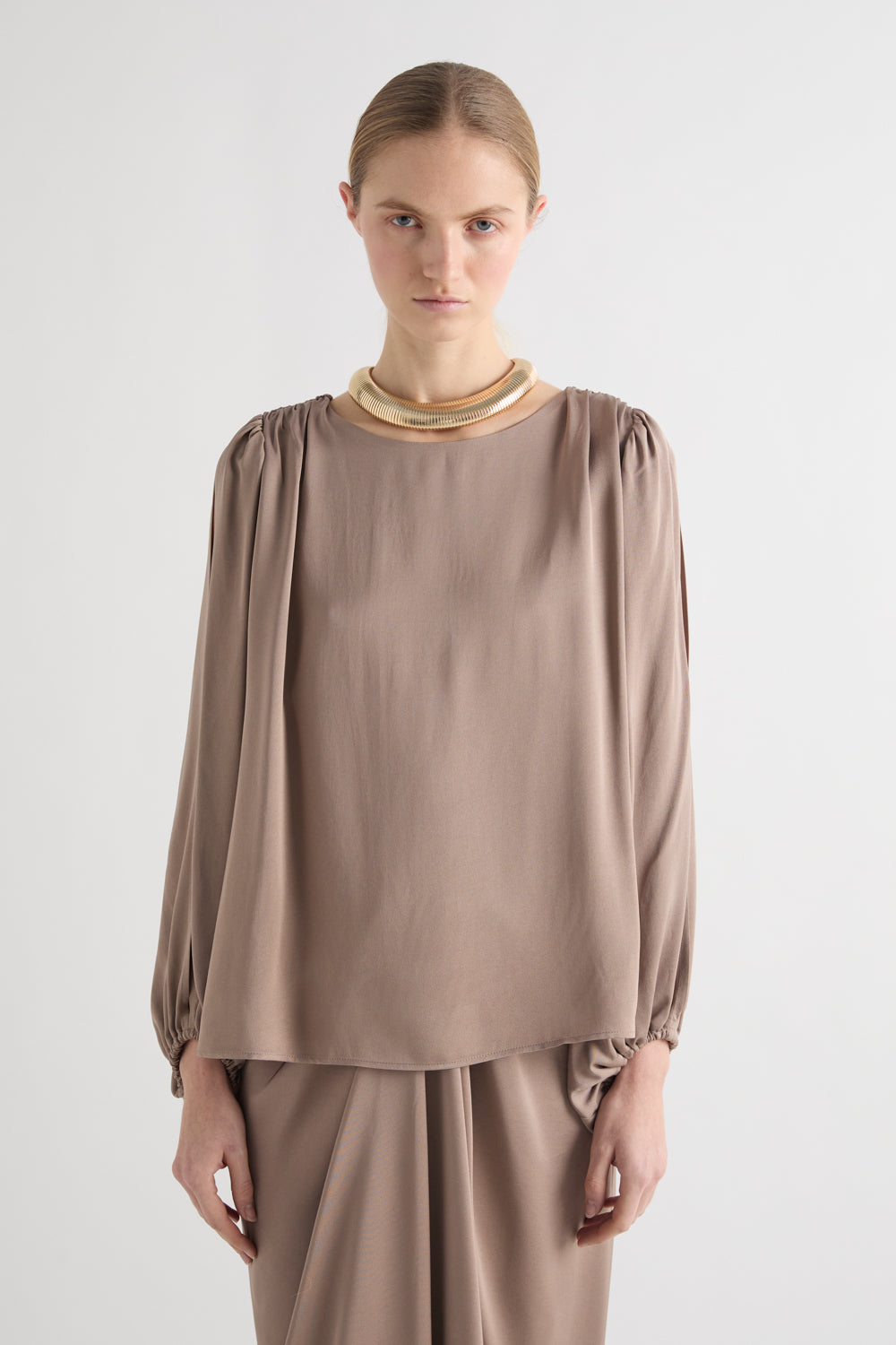MeiMeiJ Nube Draped Sleeve Split Blouse