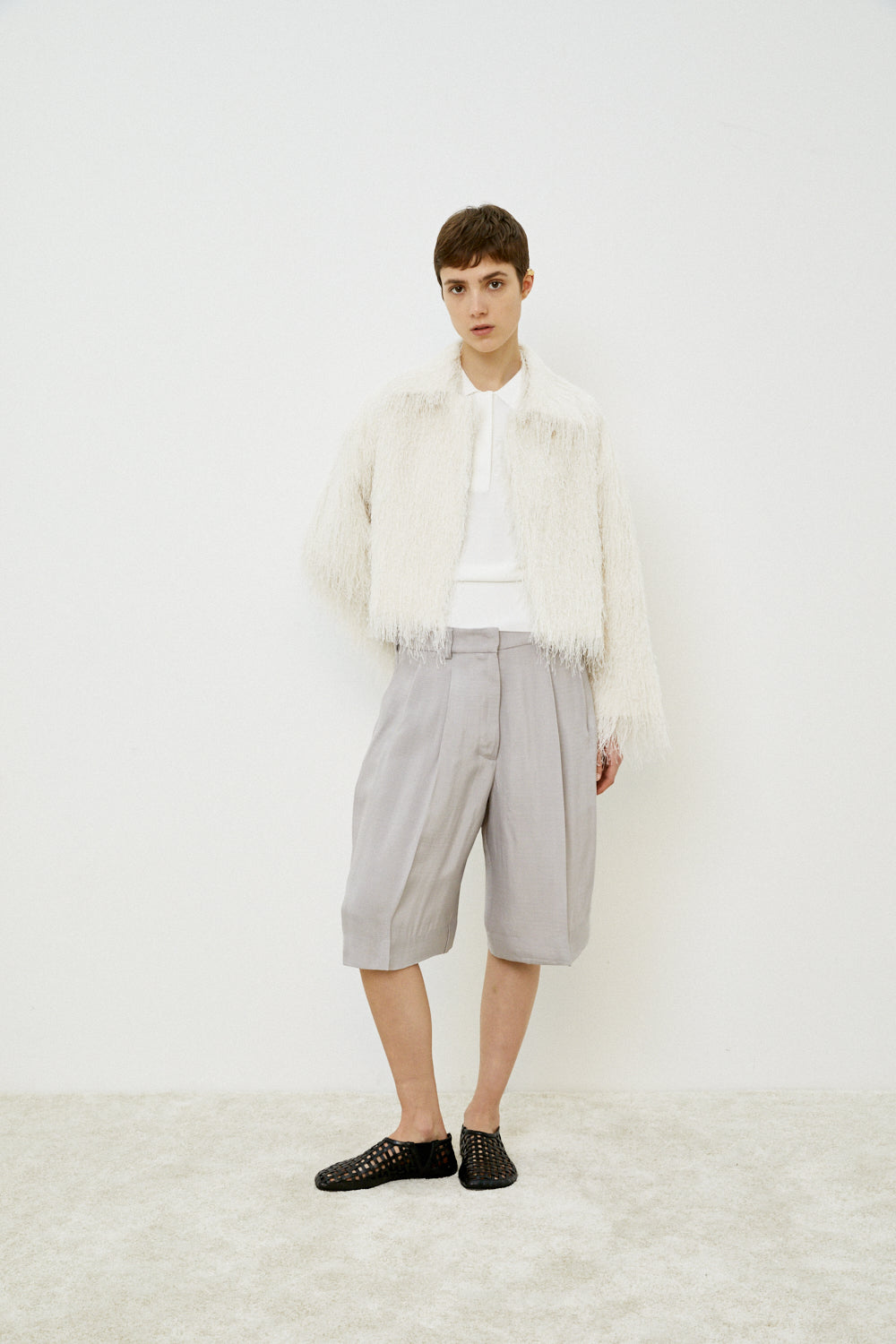 MeiMeiJ Off White Voluminous Fringed Blazer Style Coat