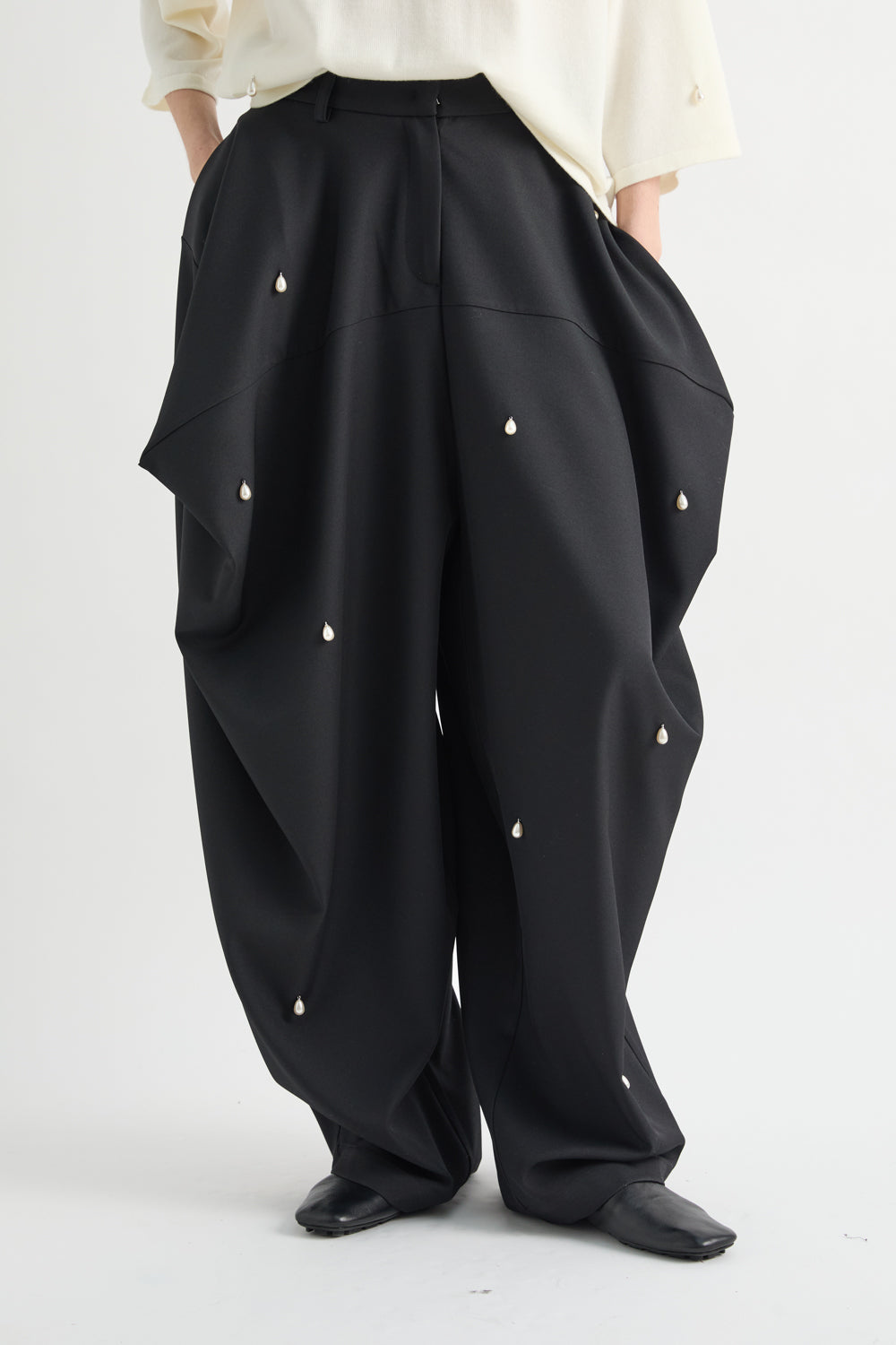 MeiMeiJ Pearl Nero Embellished Sculptural Trousers