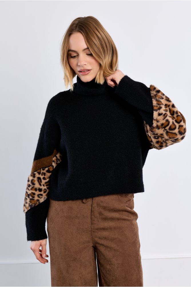 Molly Bracken Bi-Material Sweater With Leopard Accent