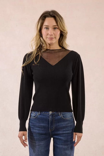 Molly Bracken Black Bi-Material Puffed Sleeve Sweater