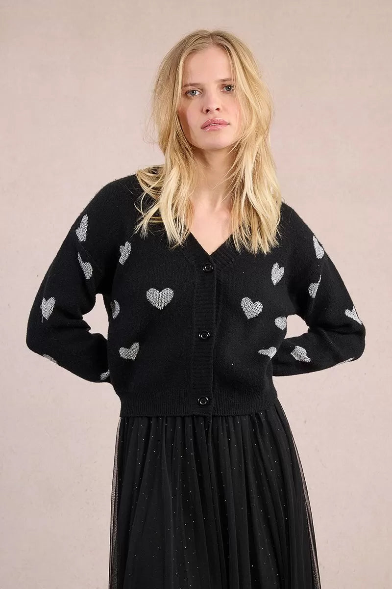 Molly Bracken Black Knitted Cardigan With Heart Pattern