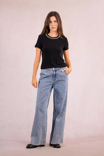 Molly Bracken Black Straight T-shirt With Beaded Collar