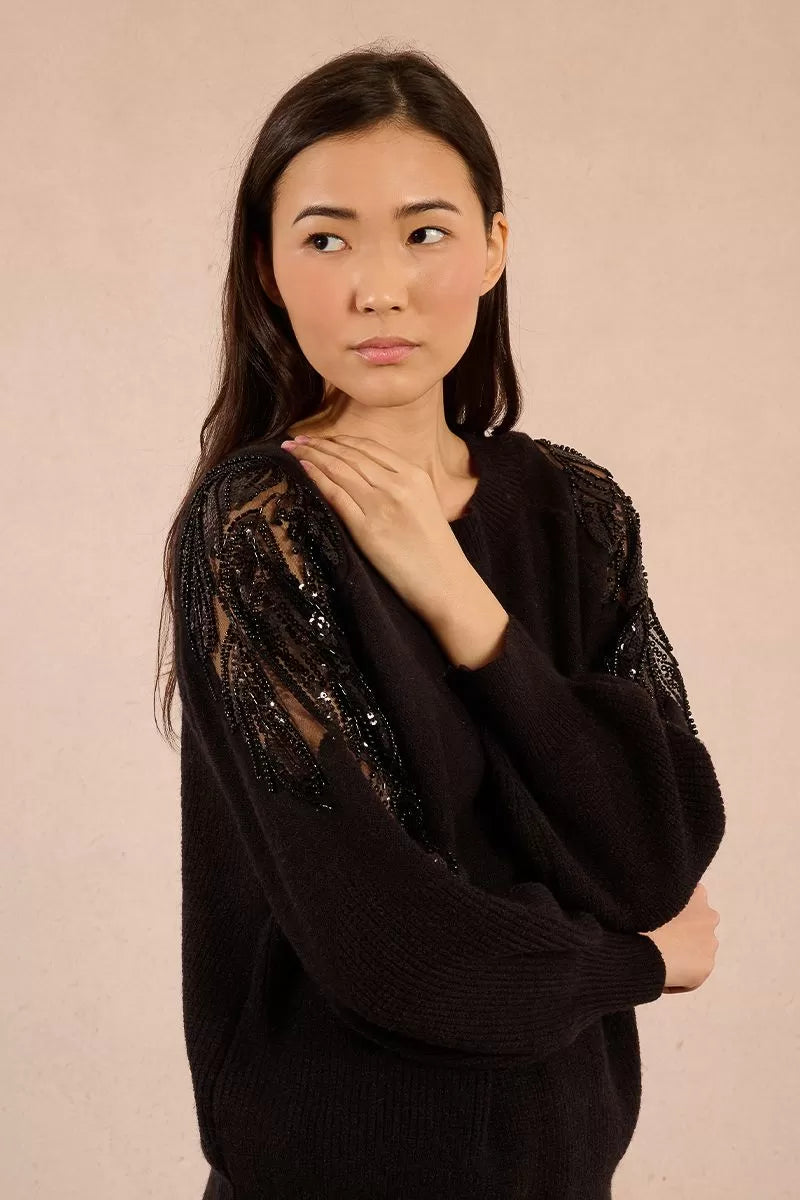 Molly Bracken Black Sweater Sprinked With Sequins