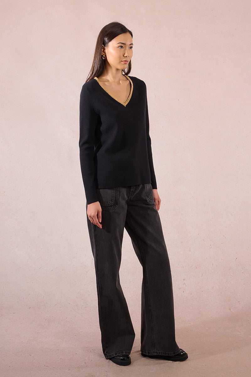 Molly Bracken Black Sweater With Iridescent V Neck Trim