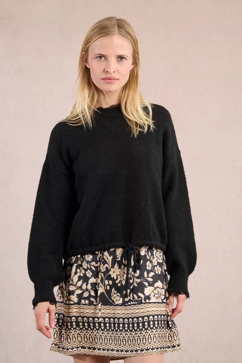 Molly Bracken Black Sweatshirt-Style Knitted Sweater With Lace Edge