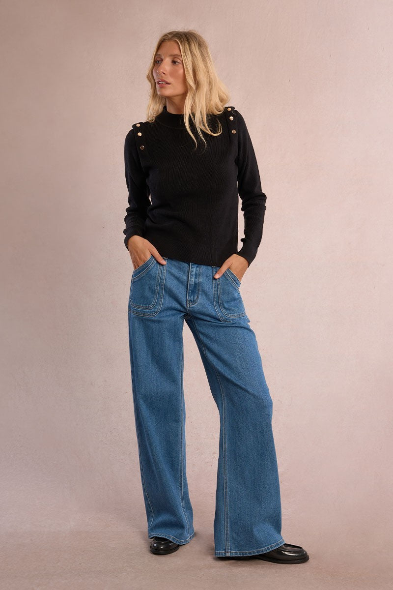 Molly Bracken Black Thin Sweater With Shoulder Pads