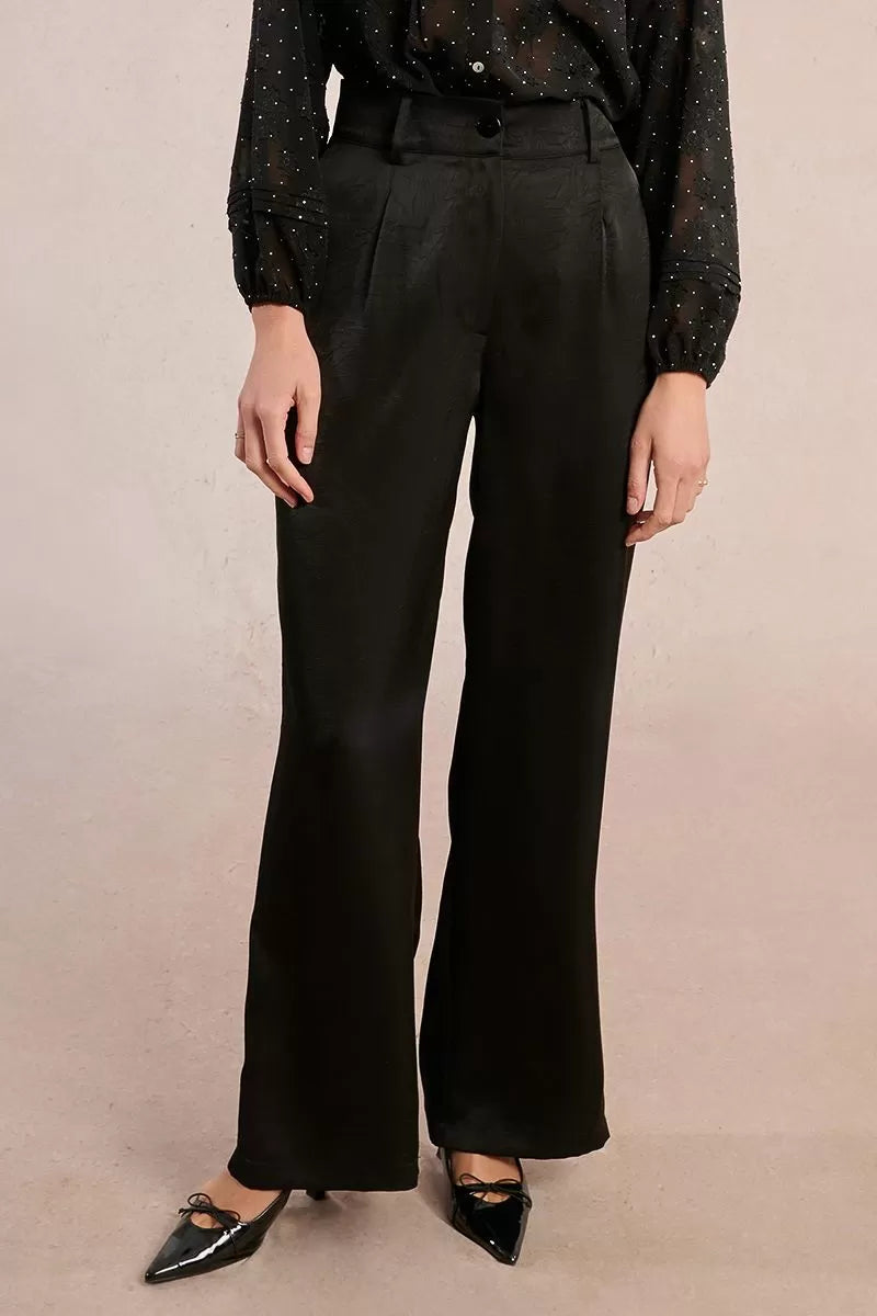 Molly Bracken Black Wide-Leg Satin Trousers