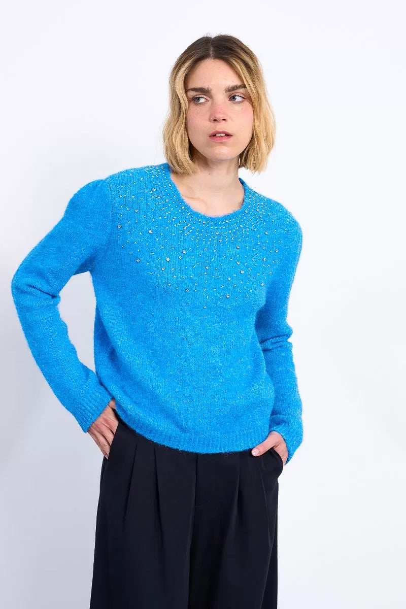 Molly Bracken Blue Sequin Neckline Sweater