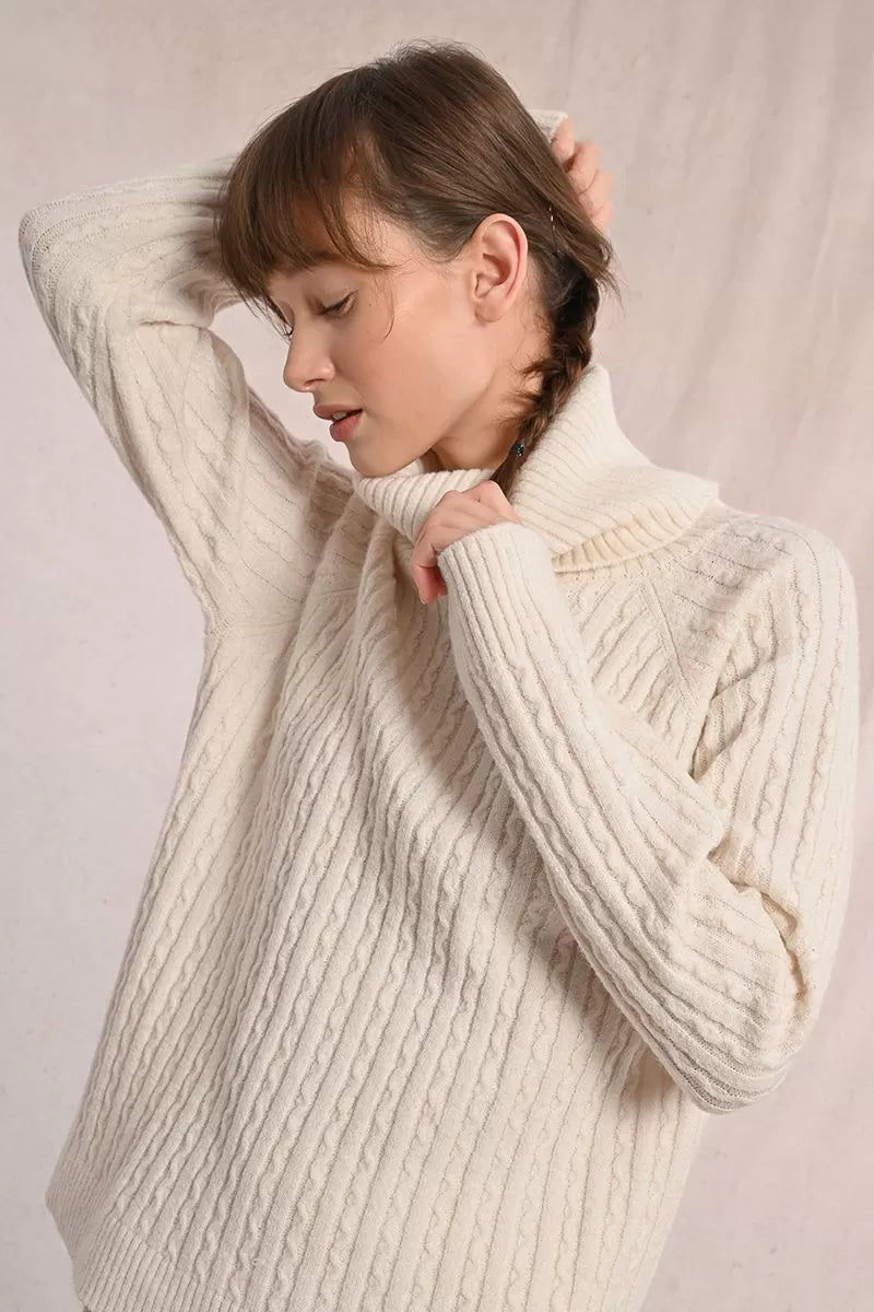 Molly Bracken Cable High Collar Off White Sweater
