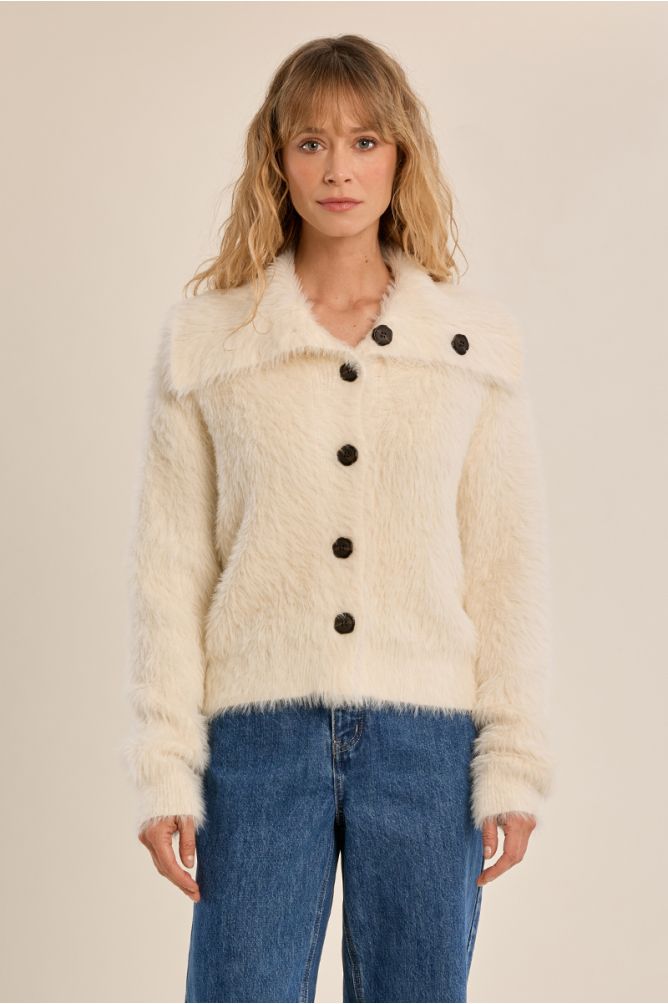Molly Bracken Cream Fluffy Knit Cardigan WIth Stand Up Collar