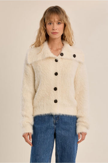 Molly Bracken Cream Fluffy Knit Cardigan WIth Stand Up Collar
