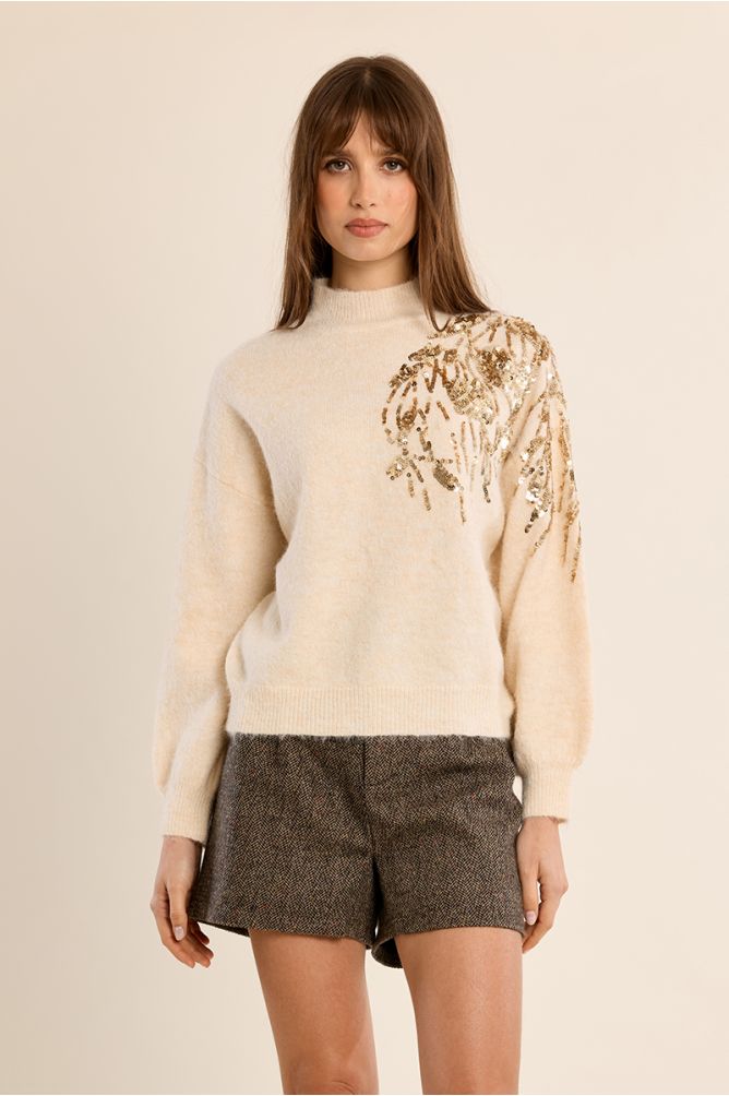 Molly Bracken Cream High Neck Sweater With Embellishment