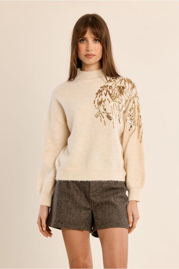 Molly Bracken Cream High Neck Sweater With Embellishment