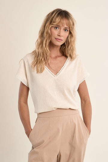 Molly Bracken Cream Lace Trim Tee