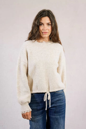 Molly Bracken Cream Sweatshirt-Style Knitted Sweater With Lace Edge