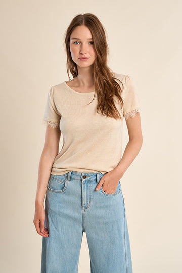 Molly Bracken Cream Tee With Lace Sleeves