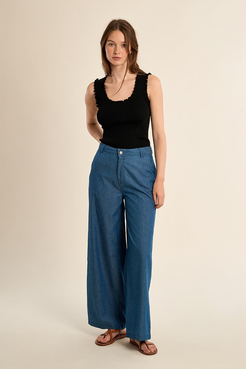 Molly Bracken Dark Blue Cotton Wide Leg Trousers