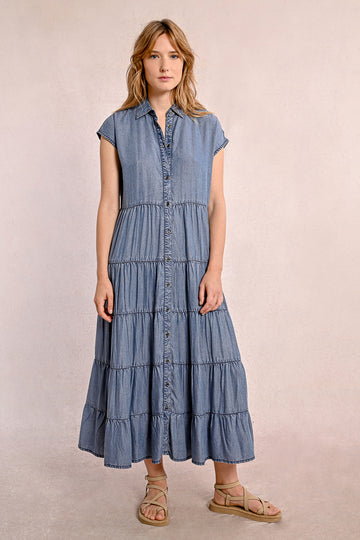 Molly Bracken Denim Blue Tiered Shirt Style DressD