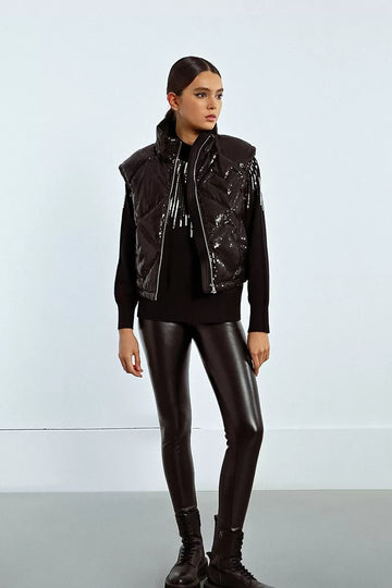 Molly Bracken Down Black Sequin Sleeveless Jacket