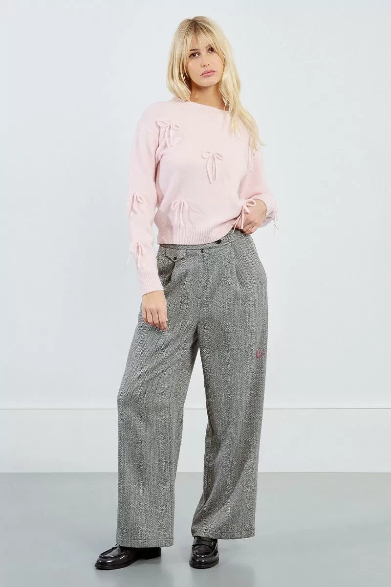 Molly Bracken Embossed Bow Light Pink Sweater