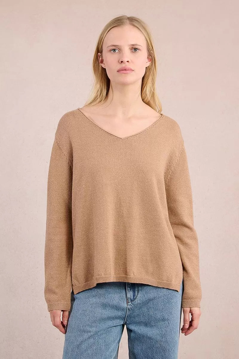 Molly Bracken Gold V-Neck Iridescent Knit Sweater