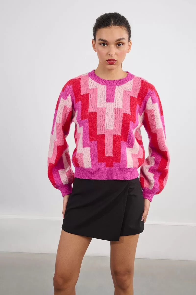 Molly Bracken Graphic Printed Fuschia Sweater