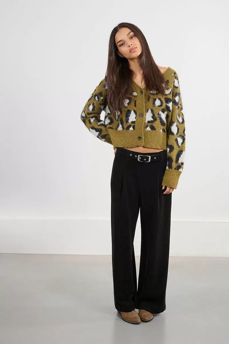 Molly Bracken Khaki Cropped Leopard Cardigan