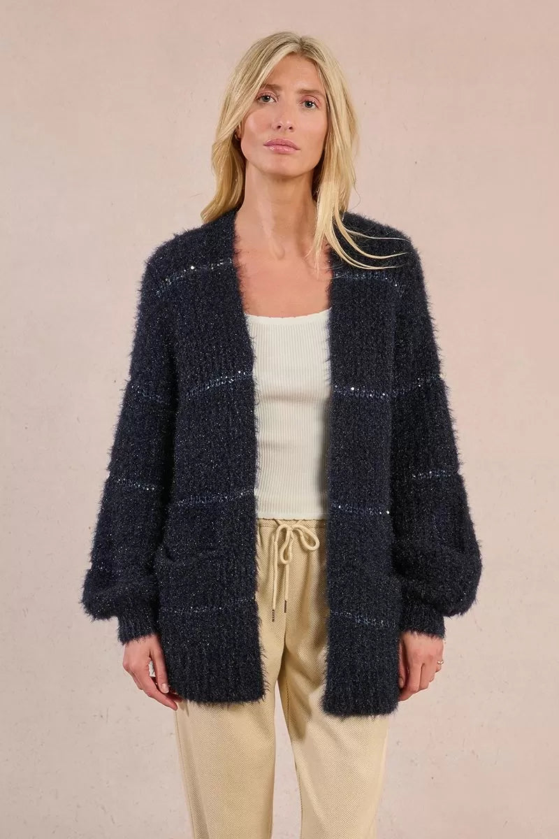 Molly Bracken Knitted Navy Blue Open And Iridescent Cardigan