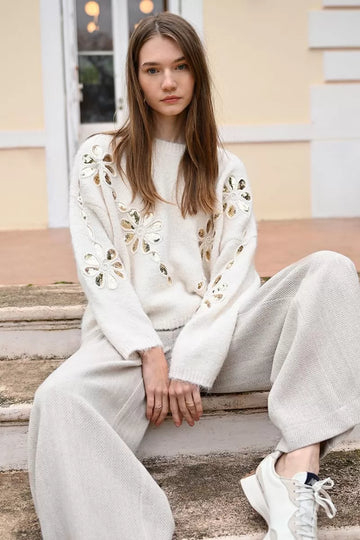 Molly Bracken Knitted Off White Sweater With sequin Detail