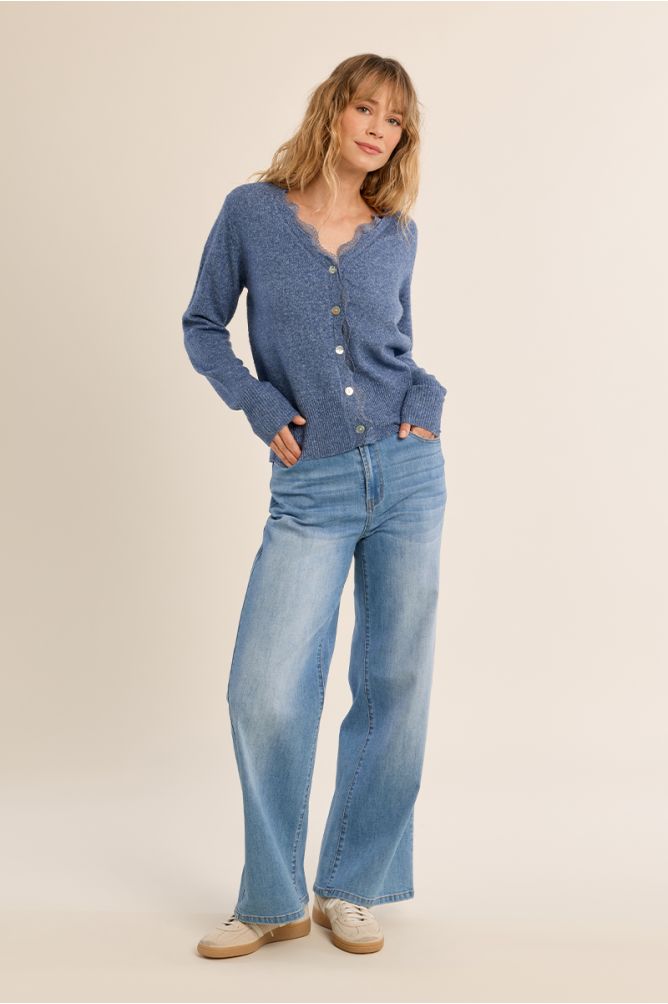 Molly Bracken Lace Scalloped Blue Denim Cardigan