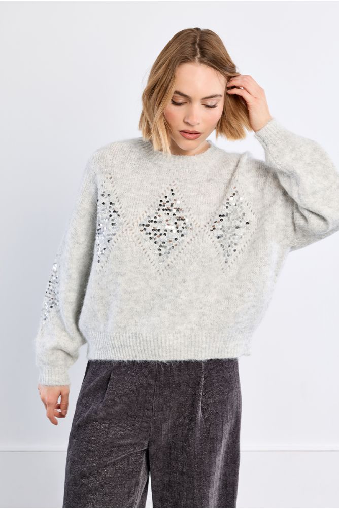 Molly Bracken Light Ash Grey Plaid And Rhinestone Sweater