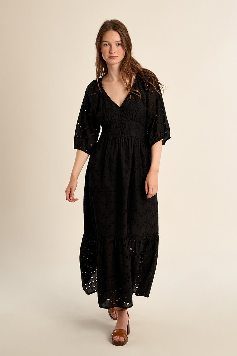 Molly Bracken Long Black Cotton Dress With Embroidery