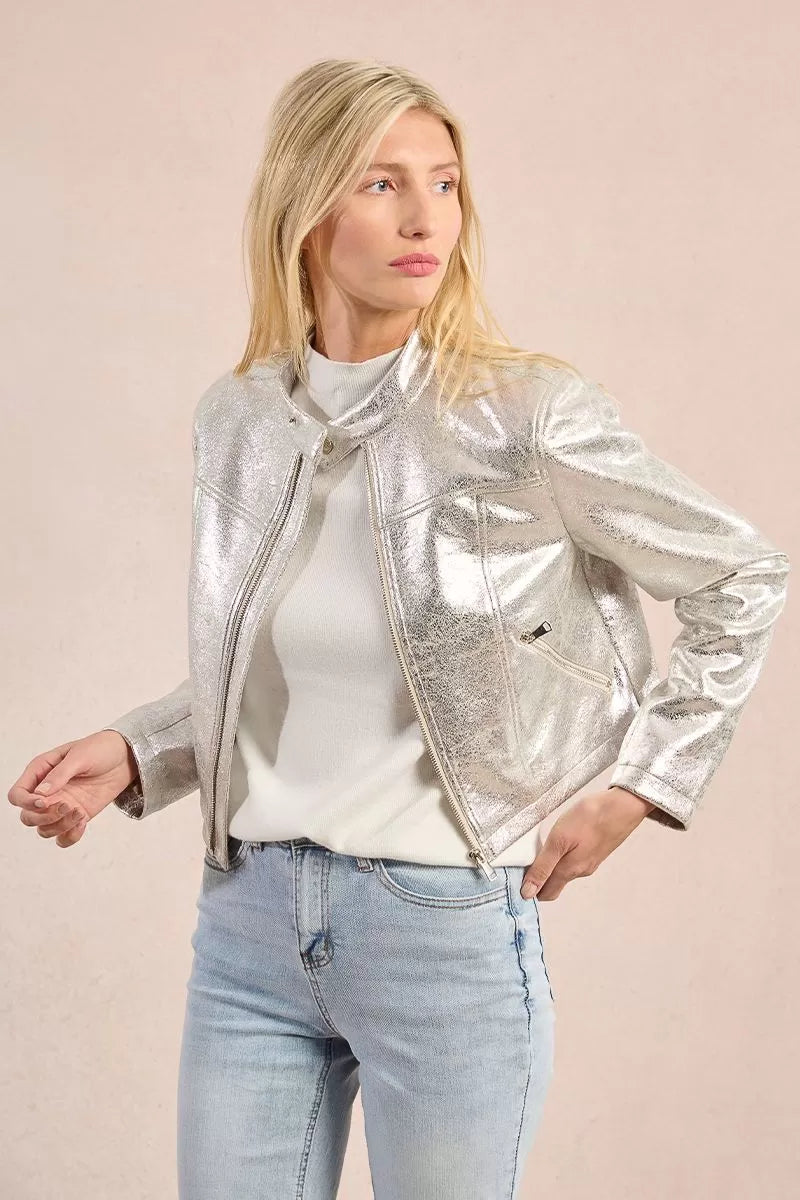 Molly Bracken Metallic Silver Biker Jacket